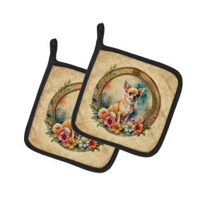 Chihuahua and Flowers Pair of Pot Holders Kitchen Heat Resistant Pot Holders Sets Oven Hot Pads for Cooking Baking BBQ, 7 1/2 x 7 1/2