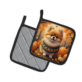 Pomeranian Fall Pair of Pot Holders Kitchen Heat Resistant Pot Holders Sets Oven Hot Pads for Cooking Baking BBQ, 7 1/2 x 7 1/2