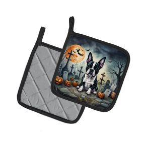 Boston Terrier Spooky Halloween Pair of Pot Holders Kitchen Heat Resistant Pot Holders Sets Oven Hot Pads for Cooking Baking BBQ, 7 1/2 x 7 1/2